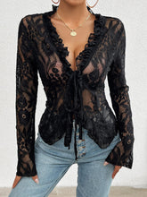 Load image into Gallery viewer, Tied V-Neck Long Sleeve Lace Top
