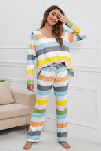 Load image into Gallery viewer, Striped Round Neck Long Sleeve Top and Drawstring Pants Lounge Set
