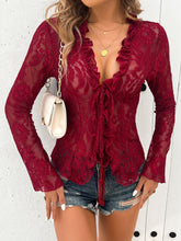 Load image into Gallery viewer, Tied V-Neck Long Sleeve Lace Top
