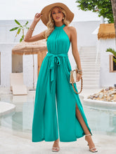 Load image into Gallery viewer, Ruched Slit Tied Sleeveless Jumpsuit
