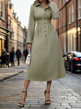 Load image into Gallery viewer, Perfee Smocked Half Button Long Sleeve Dress
