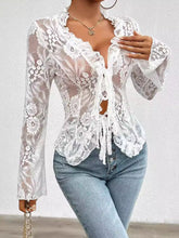 Load image into Gallery viewer, Tied V-Neck Long Sleeve Lace Top
