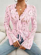 Load image into Gallery viewer, Tied V-Neck Long Sleeve Lace Top
