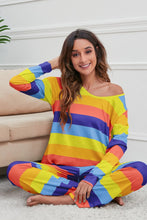 Load image into Gallery viewer, Striped Round Neck Long Sleeve Top and Drawstring Pants Lounge Set
