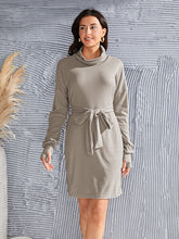 Load image into Gallery viewer, Tie-Waist Turtleneck Long Sleeve Dress
