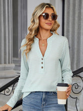 Load image into Gallery viewer, Striped Notched Long Sleeve T-Shirt
