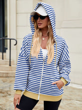 Load image into Gallery viewer, Drawstring Striped Zip Up Long Sleeve Hoodie
