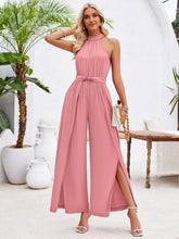 Load image into Gallery viewer, Ruched Slit Tied Sleeveless Jumpsuit
