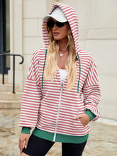 Load image into Gallery viewer, Drawstring Striped Zip Up Long Sleeve Hoodie
