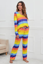 Load image into Gallery viewer, Striped Round Neck Long Sleeve Top and Drawstring Pants Lounge Set
