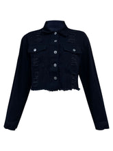 Load image into Gallery viewer, Distressed Collared Neck Long Sleeve Denim Top
