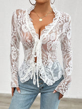 Load image into Gallery viewer, Tied V-Neck Long Sleeve Lace Top
