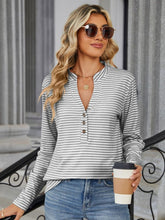 Load image into Gallery viewer, Striped Notched Long Sleeve T-Shirt
