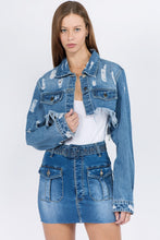 Load image into Gallery viewer, American Bazi Distressed Denim Jacket with Frayed Hem
