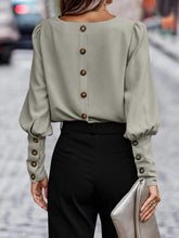 Load image into Gallery viewer, Decorative Button Round Neck Long Sleeve Blouse
