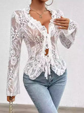 Load image into Gallery viewer, Tied V-Neck Long Sleeve Lace Top
