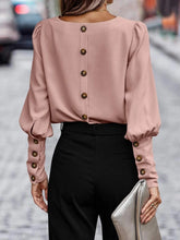 Load image into Gallery viewer, Decorative Button Round Neck Long Sleeve Blouse
