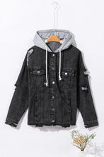 Load image into Gallery viewer, Distressed Drawstring Long Sleeve Hooded Denim Jacket
