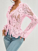 Load image into Gallery viewer, Tied V-Neck Long Sleeve Lace Top
