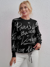 Load image into Gallery viewer, Drawstring Hem Letter Pattern Round Neck Dropped Shoulder Sweater
