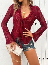 Load image into Gallery viewer, Tied V-Neck Long Sleeve Lace Top
