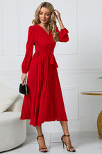 Load image into Gallery viewer, V-Neck Long Sleeve Tie Waist Midi Dress
