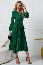 Load image into Gallery viewer, V-Neck Long Sleeve Tie Waist Midi Dress
