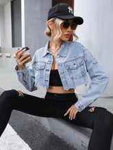 Load image into Gallery viewer, Distressed Raw Hem Cropped Denim Jacket
