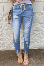 Load image into Gallery viewer, Drawstring Distressed Raw Hem Jeans with Pockets
