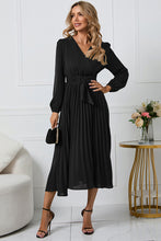 Load image into Gallery viewer, V-Neck Long Sleeve Tie Waist Midi Dress
