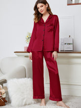 Load image into Gallery viewer, Lapel Collar Long Sleeve Top and Pants Pajama Set
