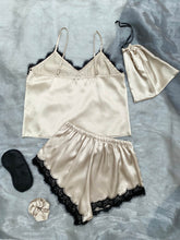 Load image into Gallery viewer, Lace Trim Cami, Shorts, Eye Mask, Scrunchie, and Bag Pajama Set
