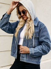 Load image into Gallery viewer, Drawstring Hooded Button Up Denim Jacket
