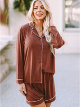 Load image into Gallery viewer, Lapel Collar Long Sleeve Buttoned Top and Shorts Lounge Set
