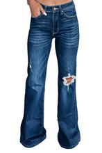 Load image into Gallery viewer, Asymmetrical Open Knee Distressed Flare Jeans
