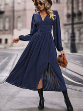 Load image into Gallery viewer, V-Neck Long Sleeve Pleated Slit Dress
