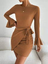 Load image into Gallery viewer, Waffle Knit Flounce Sleeve Tie Waist Mini Dress
