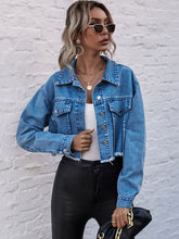 Load image into Gallery viewer, Cropped Collared Neck Raw Hem Denim Jacket
